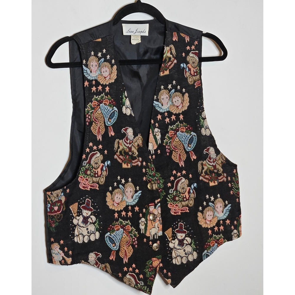 Lisa Josephs Vintage Christmas Tapestry Vest Holiday Teddy Bear Angel‎ Medium